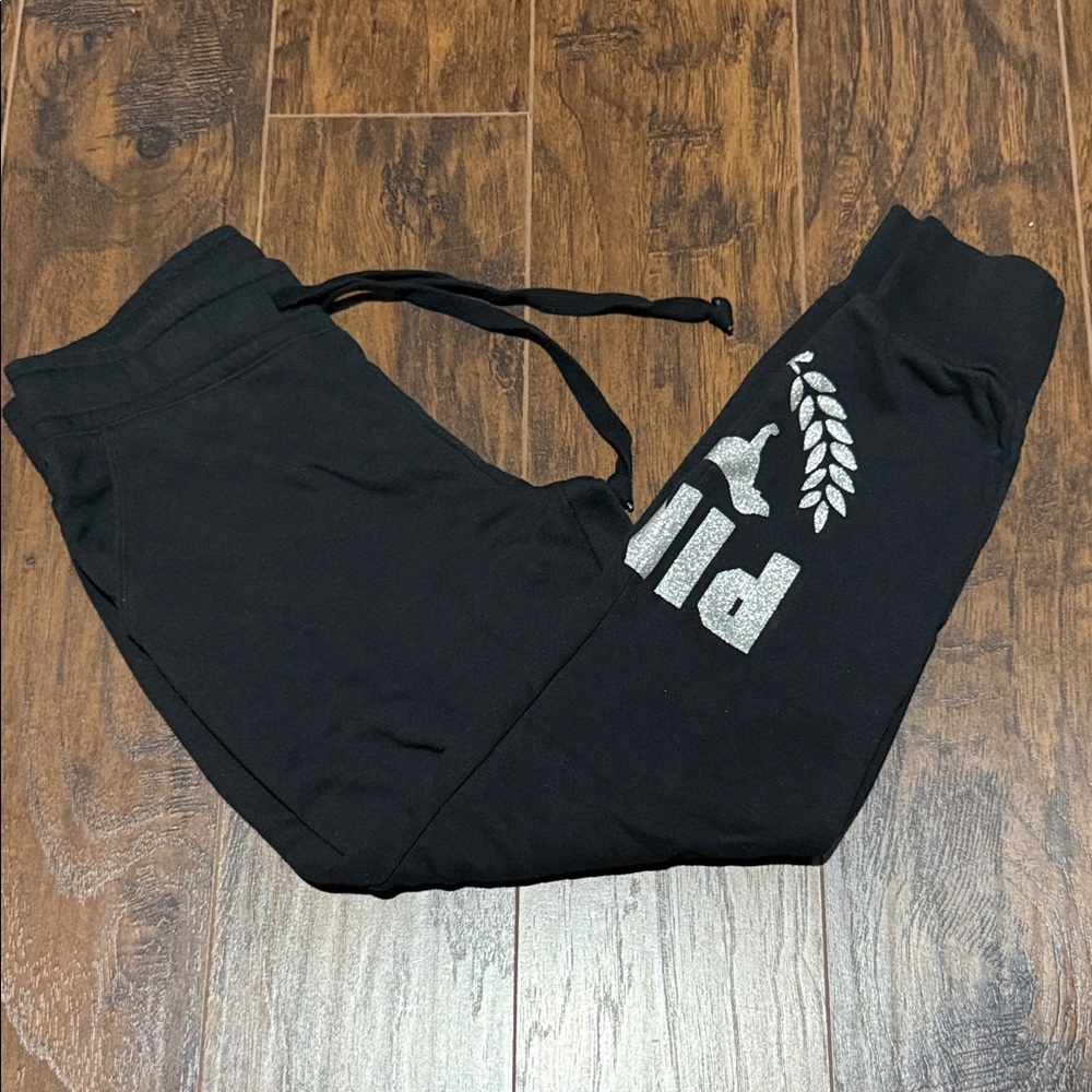 PINK Victoria's Secret Black Joggers with Silver Logo